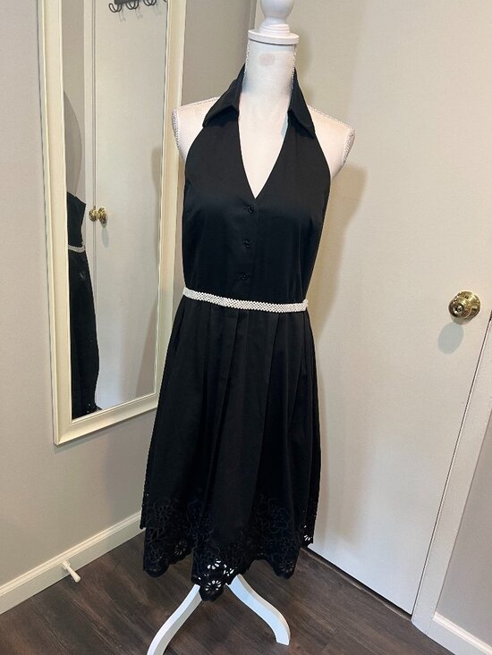 Vintage Dresses & Skirts - Vintage Black Halter Fit and Flare Dress with Pearl waistband, Size Large?
